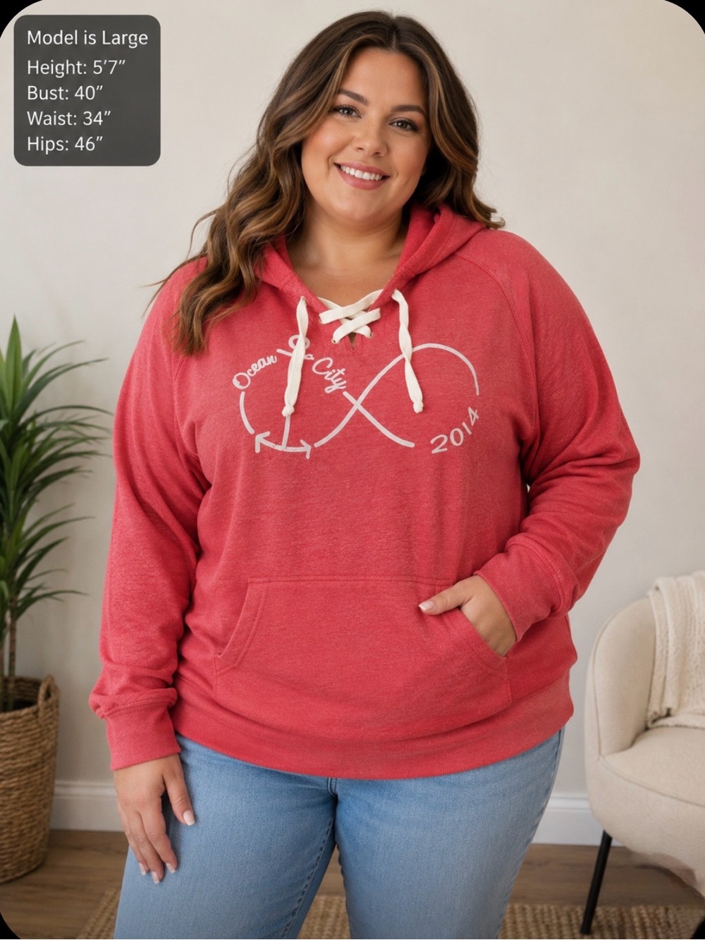 Ocean Drive Ocean City Burnout Hoodie Lace Up Coral Red Large